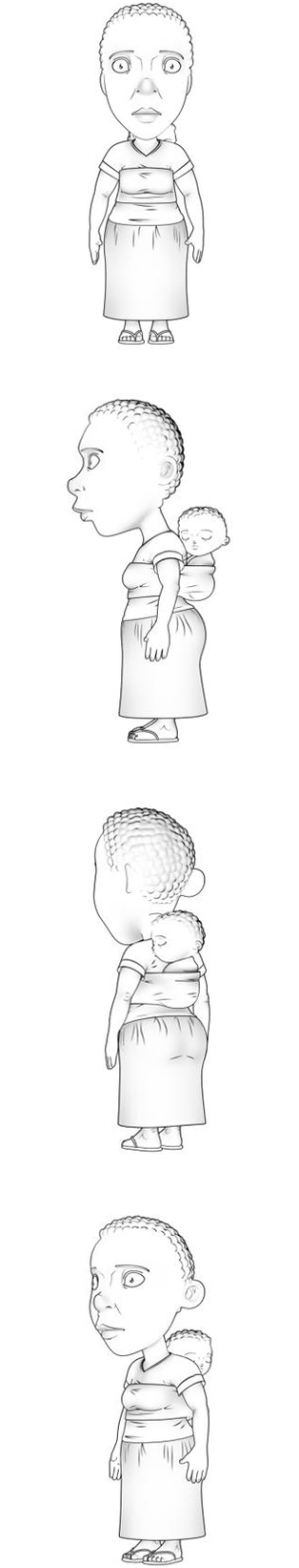 Social Justice Coalition campaign animation orthographics with 3D character illustration side, front and back profiles of mother by Alexander Gilfillan and Roberto Millan.
